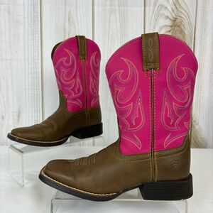 Ariat Boots Youth Girl Western Square Toe Pull On Boots Pink Brown Size 1
